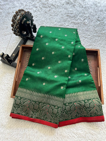 Green Chanderi Silk Saree With Silver Zari Border — Pure Handloom | Silk Mark Certified