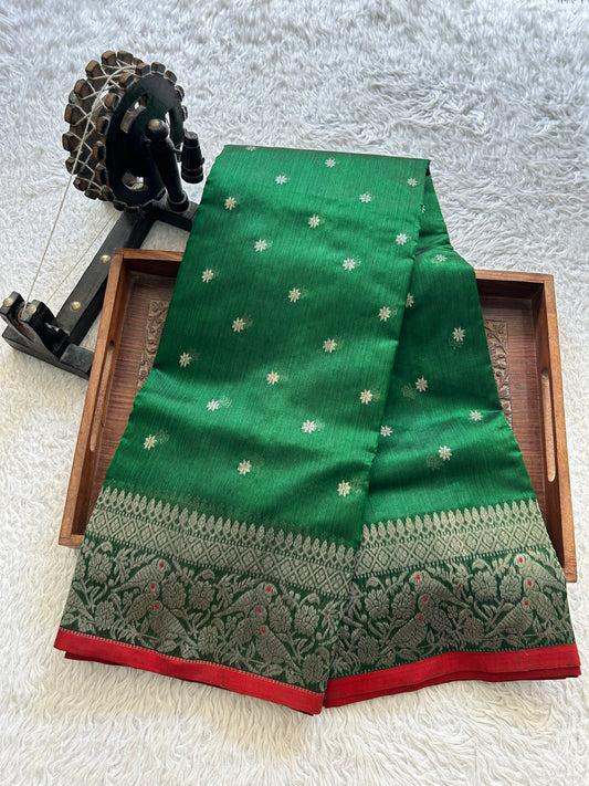 Green Chanderi Silk Saree With Silver Zari Border — Pure Handloom | Silk Mark Certified
