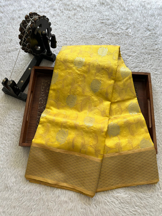 Yellow Chanderi Silk Saree With Silver Zari Border — Pure Handloom | Silk Mark Certified