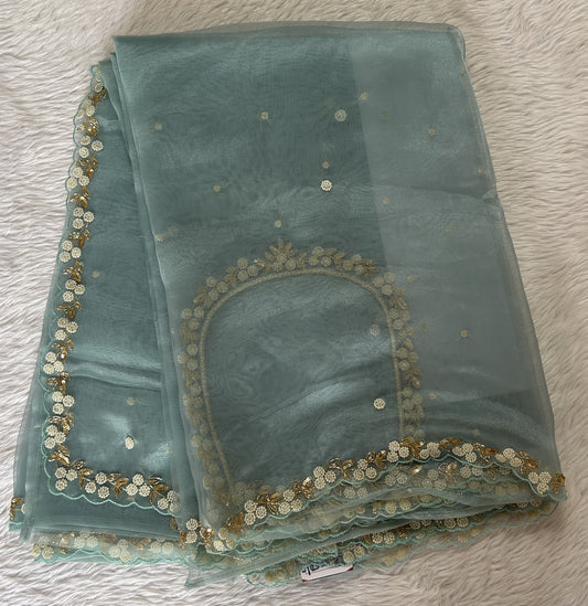 Tissue Organza Designer Saree Sea Blue colored Saree complemented with a Handcrafted border. - Sampradaya Designer Studio