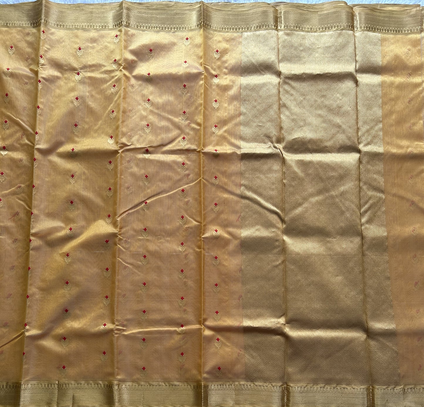 Gold Chanderi Silk Saree With Gold Zari Border — Pure Handloom | Silk Mark Certified - Sampradaya Designer Studio