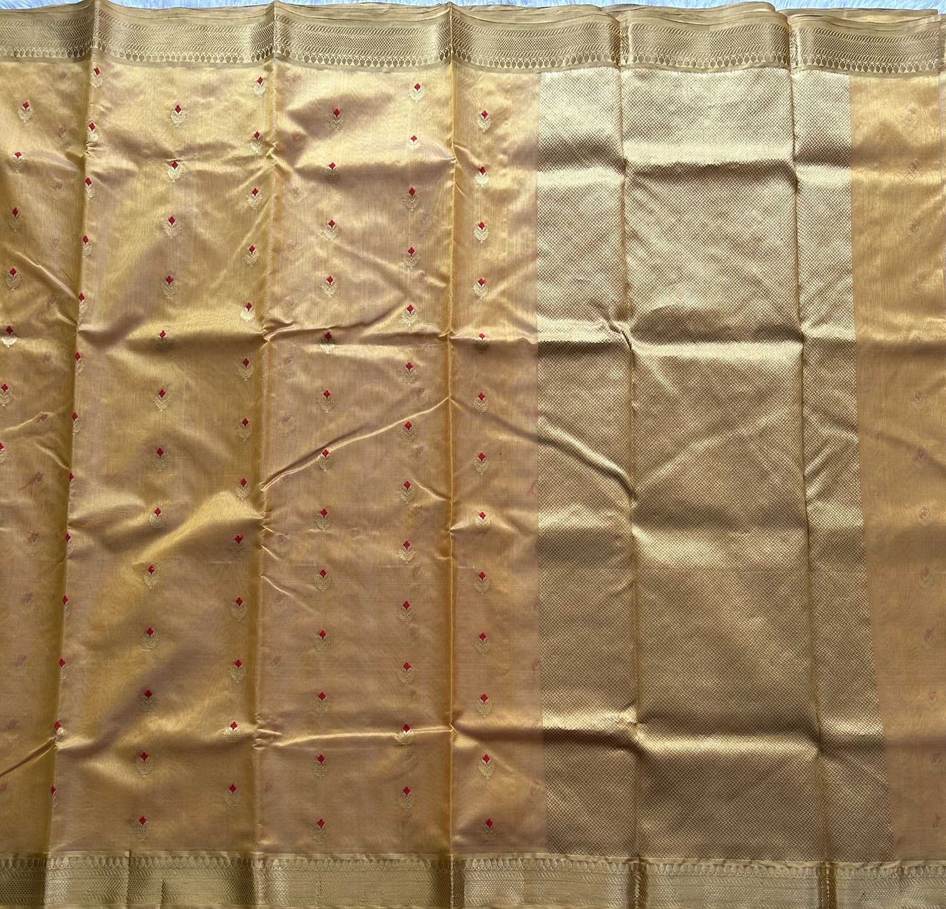Gold Chanderi Silk Saree With Gold Zari Border — Pure Handloom | Silk Mark Certified - Sampradaya Designer Studio