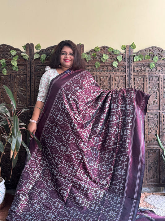Ikkat Pattu Saree Dark Brown colored complemented with a Patalo border. - Sampradaya Designer Studio