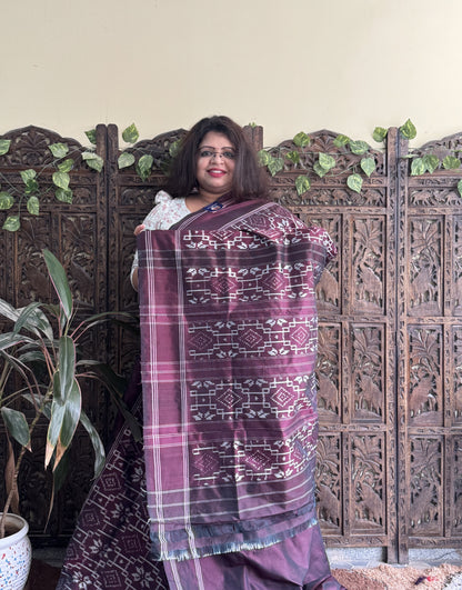 Ikkat Pattu Saree Dark Brown colored complemented with a Patalo border. - Sampradaya Designer Studio