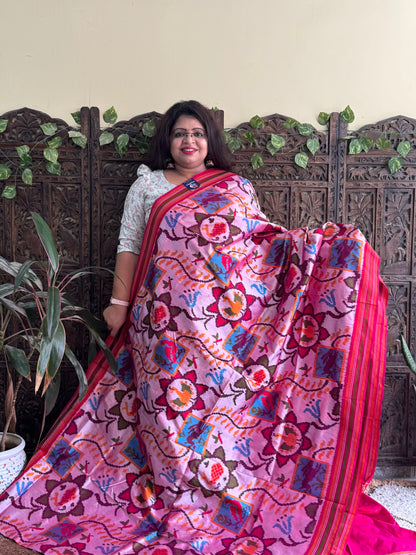 Ikkat Pattu Saree Light Pink colored complemented with a Patalo border. - Sampradaya Designer Studio