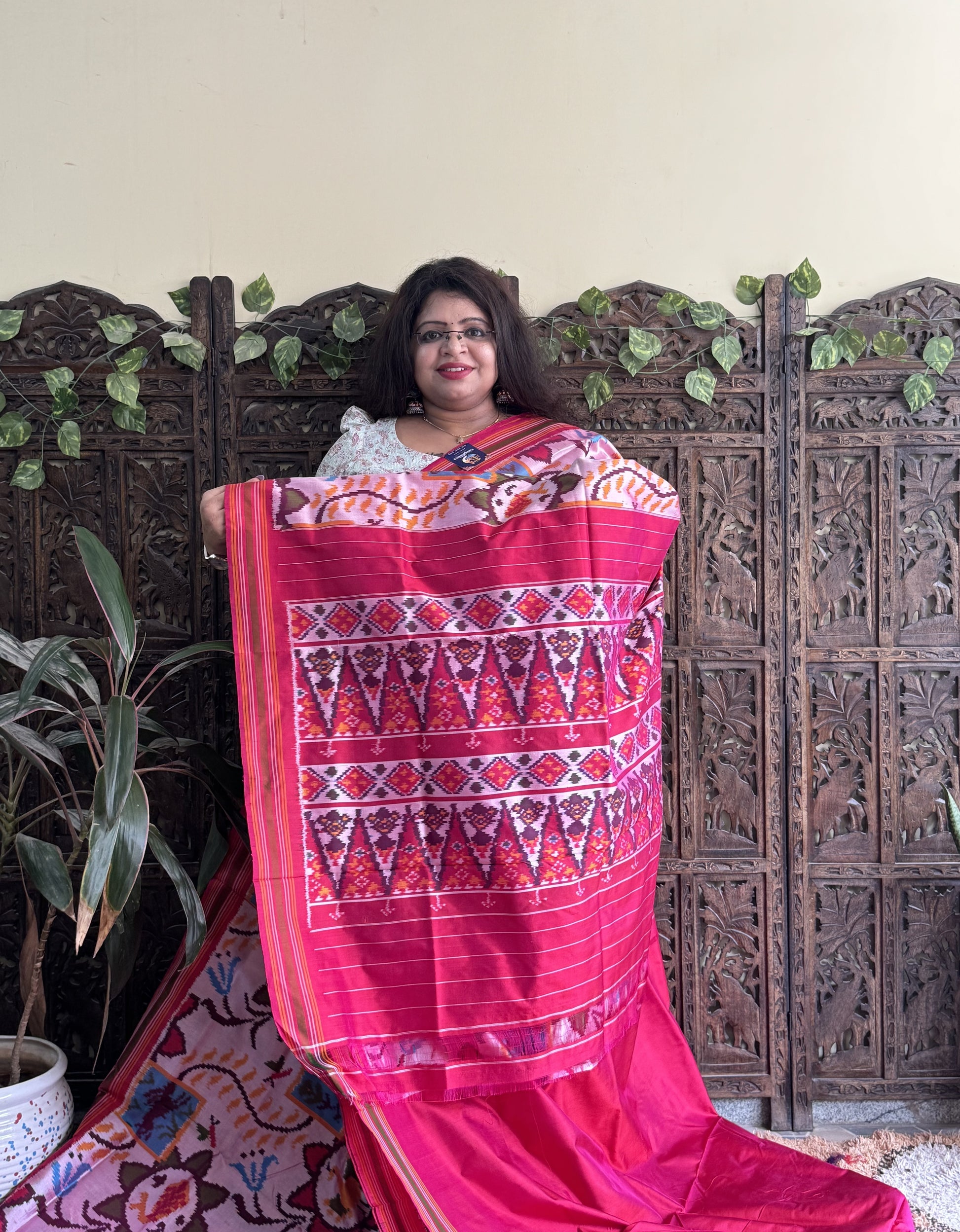 Ikkat Pattu Saree Light Pink colored complemented with a Patalo border. - Sampradaya Designer Studio