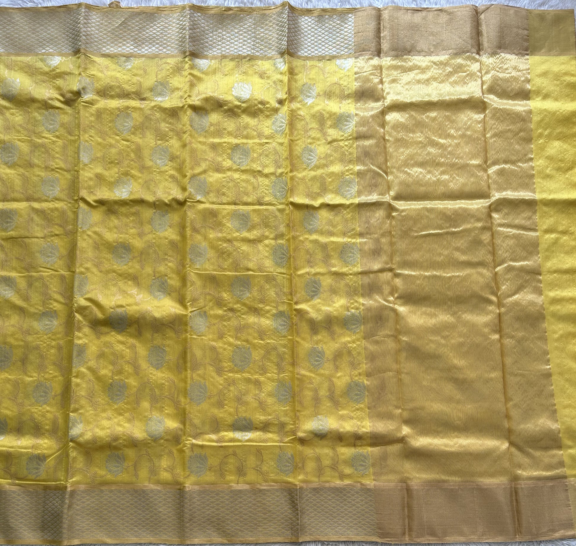 Yellow Chanderi Silk Saree With Silver Zari Border — Pure Handloom | Silk Mark Certified - Sampradaya Designer Studio