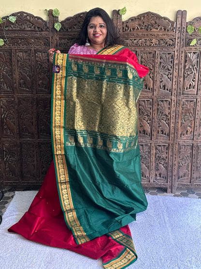 Narayanpet Silk Saree Dark Marron Colored Complemented with a Gold Zari Border. - Sampradaya Designer Studio