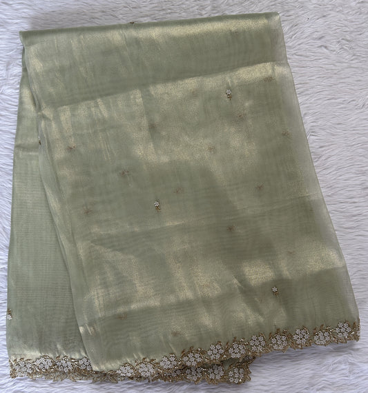 Tissue Organza Designer Saree Pastel Green colored Saree complemented with a Handcrafted border. - Sampradaya Designer Studio