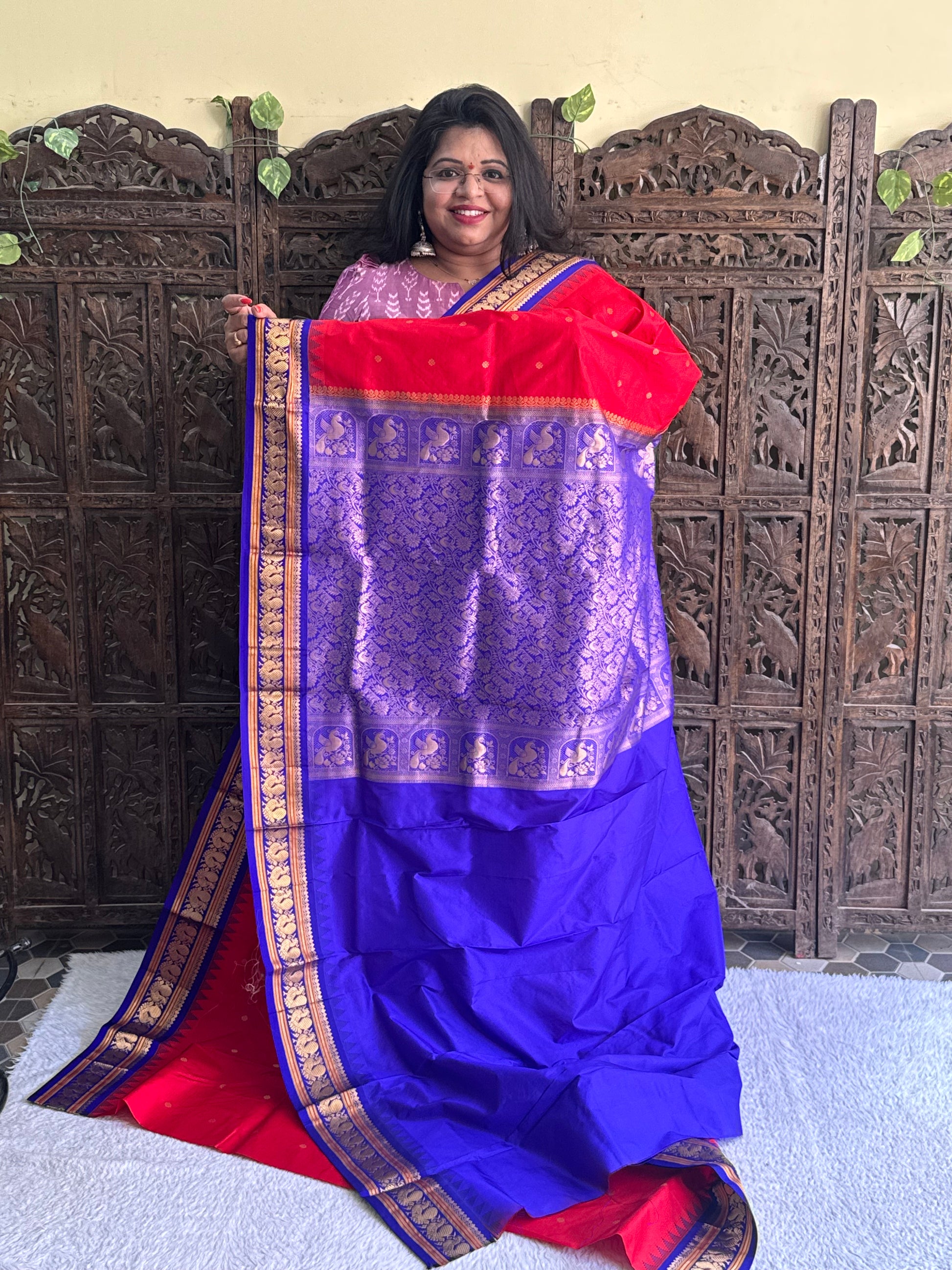 Narayanpet Silk Saree Cerise Pink Colored Complemented with a Gold Zari Border - Sampradaya Designer Studio