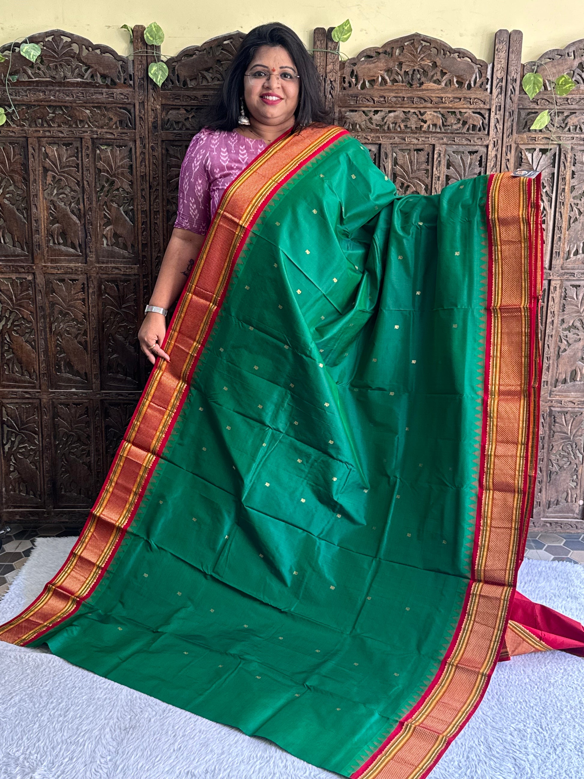 Narayanpet Silk Saree Bottle Green Colored Elegantly Paired with a Gold Zari Border. - Sampradaya Designer Studio
