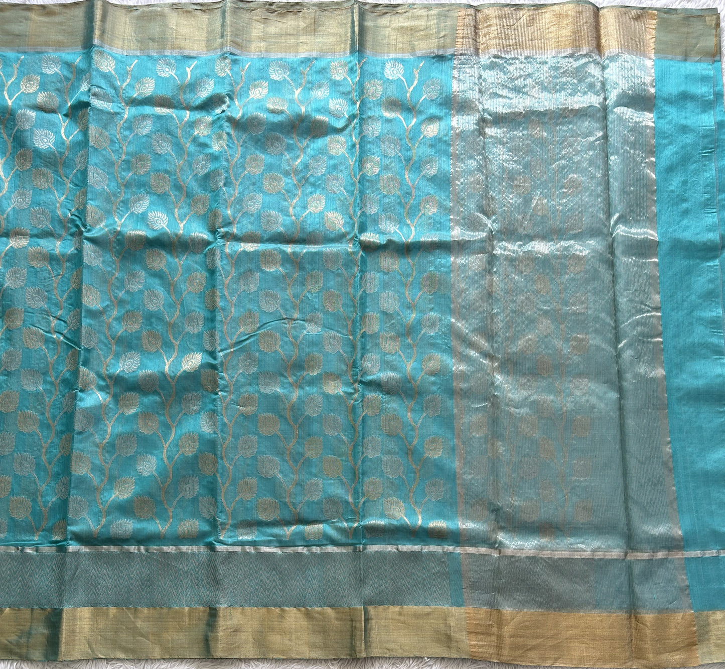 Blue Chanderi Silk Saree With Gold And Silver Zari Border — Pure Handloom | Silk Mark Certified