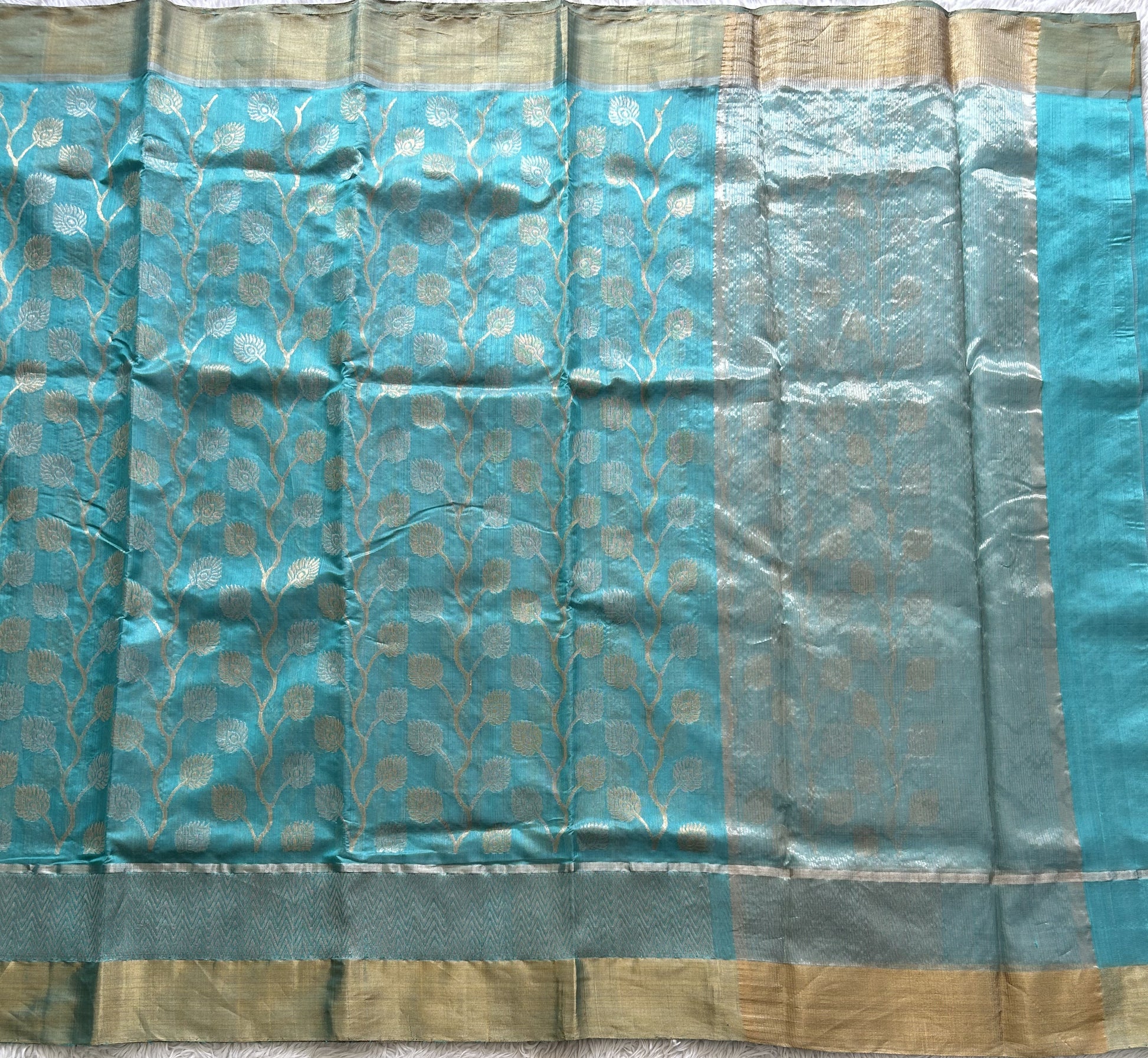 Blue Chanderi Silk Saree With Gold And Silver Zari Border — Pure Handloom | Silk Mark Certified - Sampradaya Designer Studio
