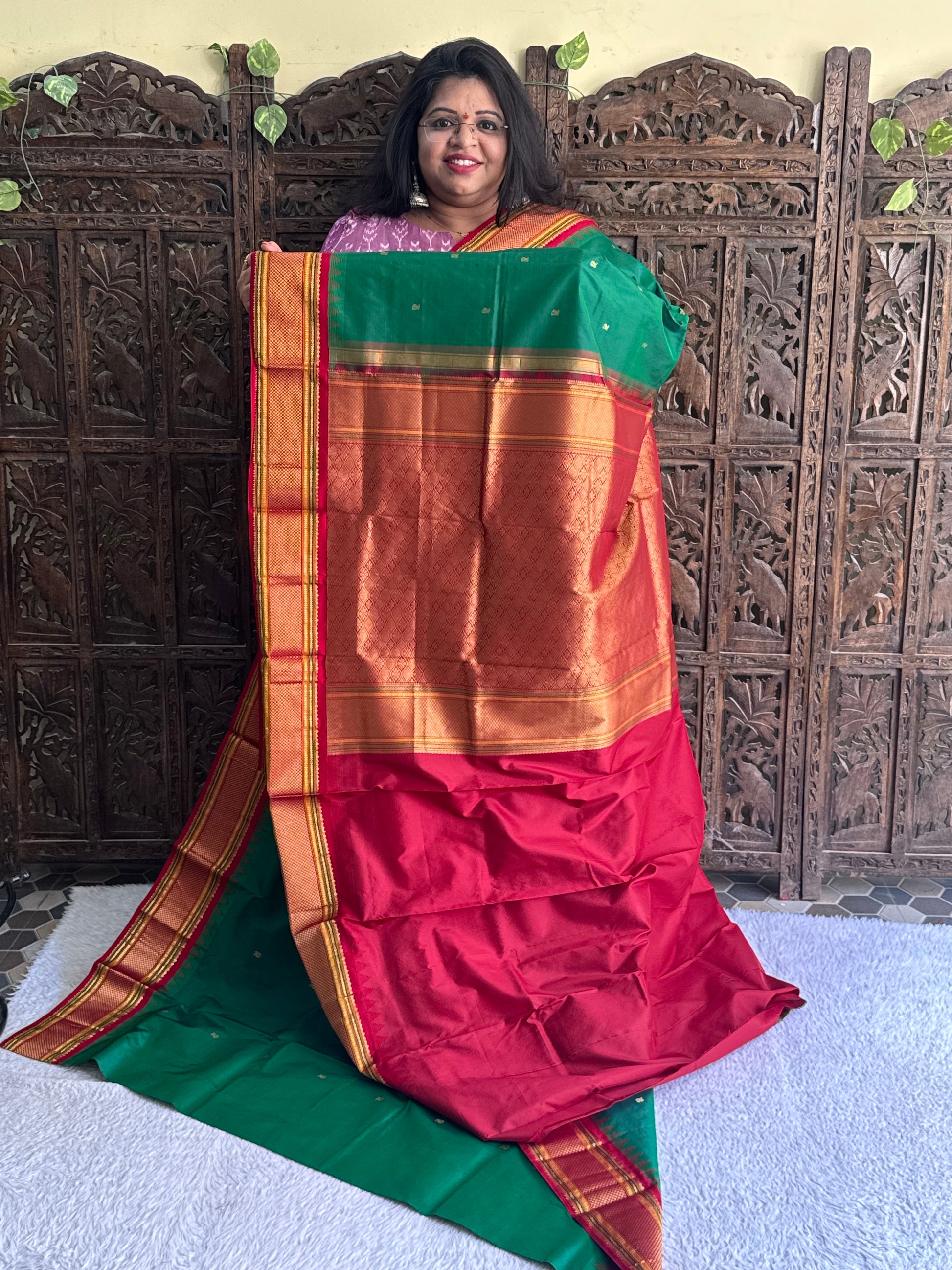 Narayanpet Silk Saree Bottle Green Colored Elegantly Paired with a Gold Zari Border. - Sampradaya Designer Studio