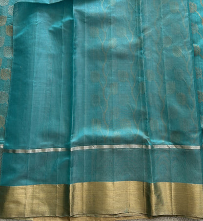 Blue Chanderi Silk Saree With Gold And Silver Zari Border — Pure Handloom | Silk Mark Certified