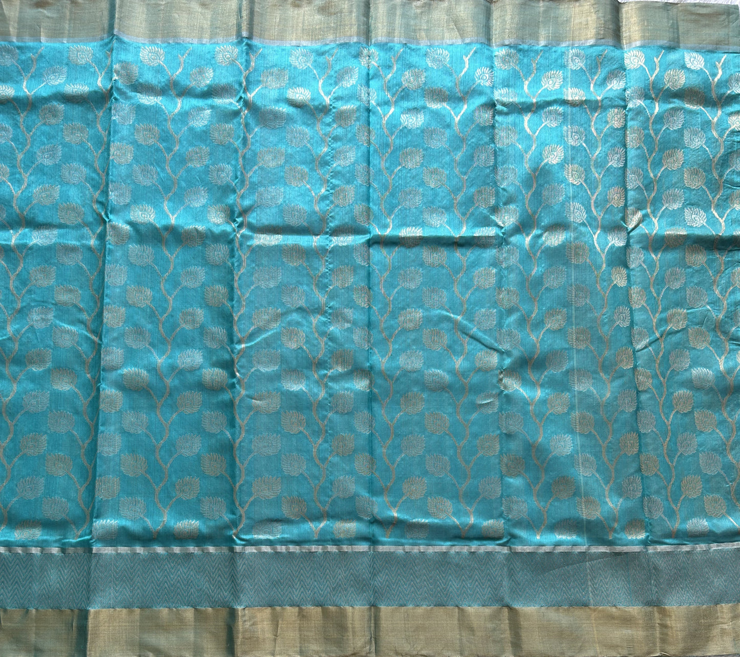 Blue Chanderi Silk Saree With Gold And Silver Zari Border — Pure Handloom | Silk Mark Certified
