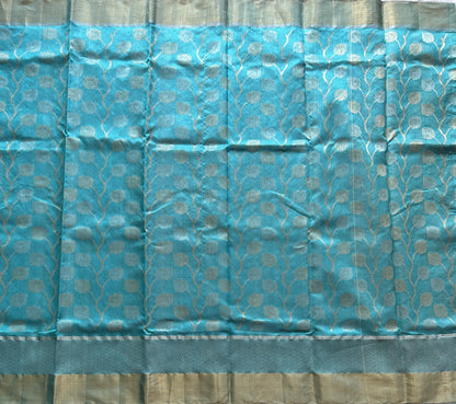 Blue Chanderi Silk Saree With Gold And Silver Zari Border — Pure Handloom | Silk Mark Certified