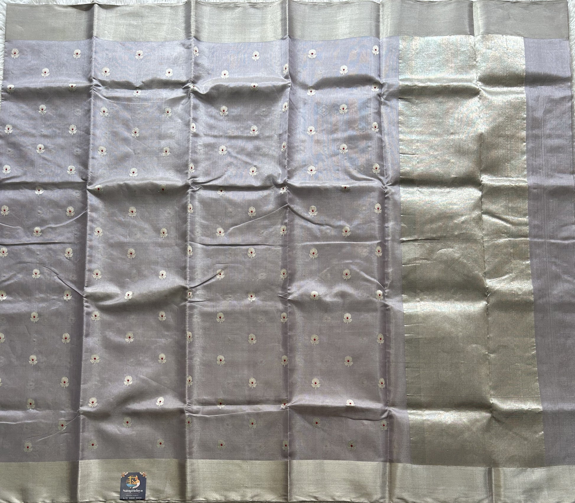 Gray Chanderi Tissue Saree With Silver Zari Border — Pure Handloom | Silk Mark Certified - Sampradaya Designer Studio