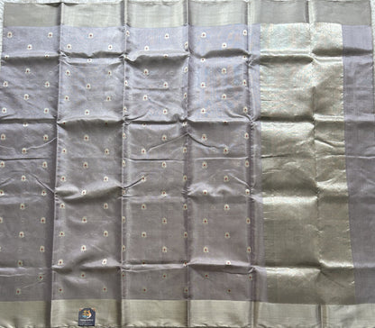 Gray Chanderi Tissue Saree With Silver Zari Border — Pure Handloom | Silk Mark Certified