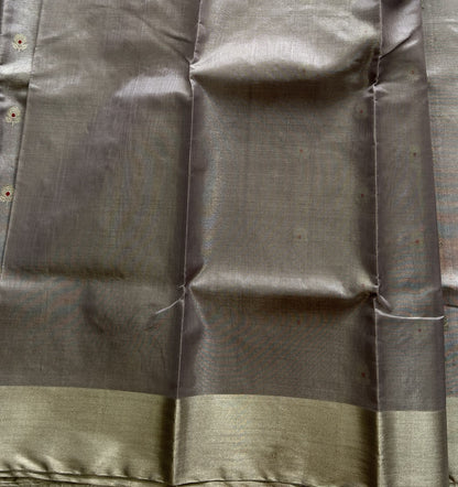 Gray Chanderi Tissue Saree With Silver Zari Border — Pure Handloom | Silk Mark Certified