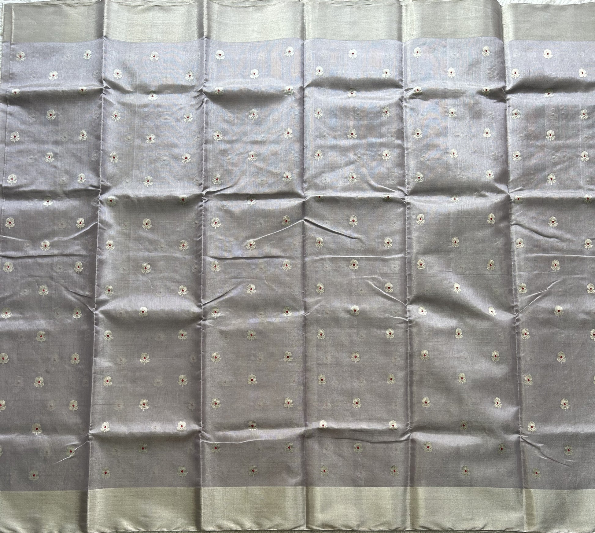 Gray Chanderi Tissue Saree With Silver Zari Border — Pure Handloom | Silk Mark Certified - Sampradaya Designer Studio