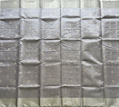 Gray Chanderi Tissue Saree With Silver Zari Border — Pure Handloom | Silk Mark Certified
