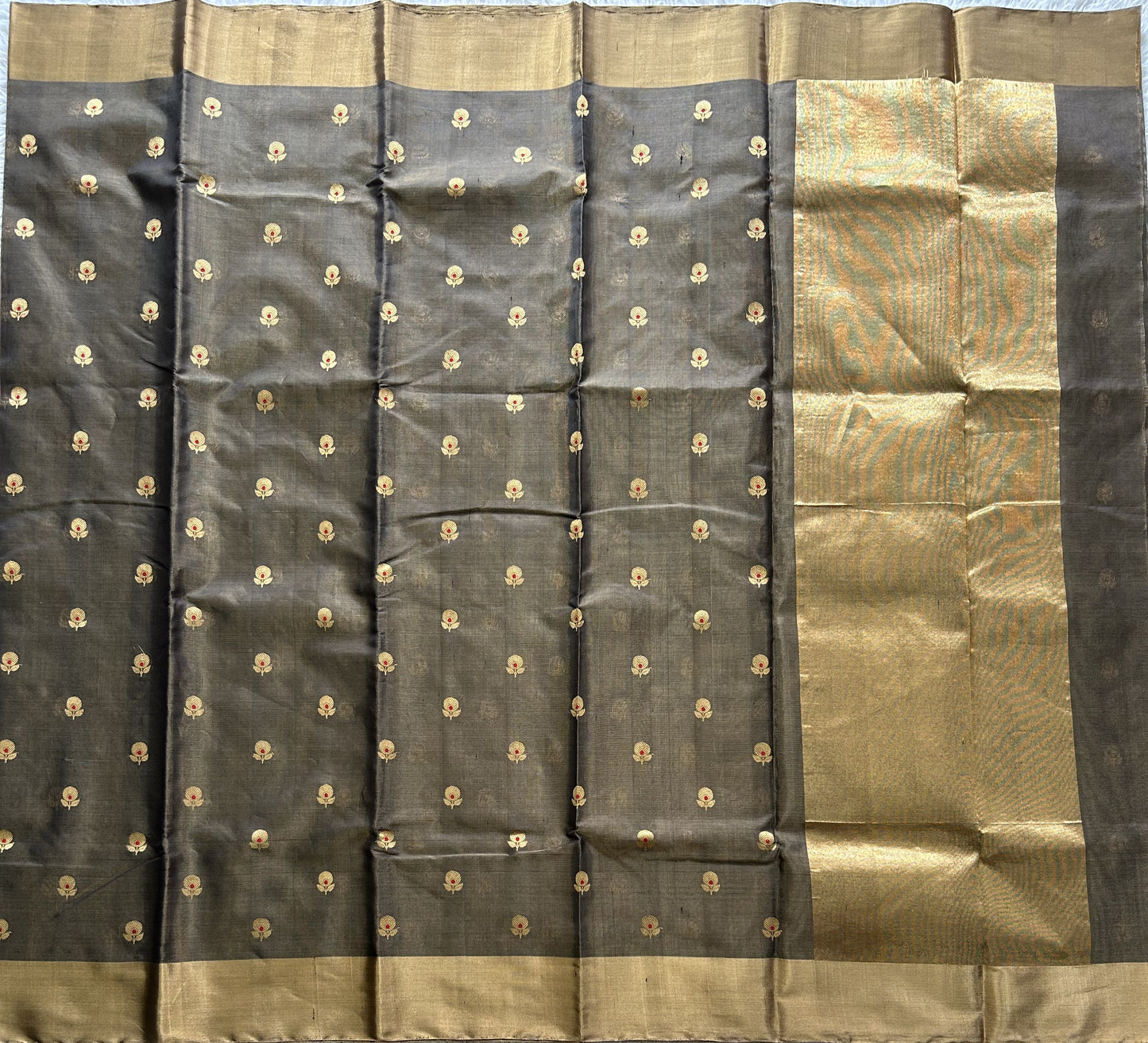 Elephant Gray Chanderi Tissue Saree With Gold Zari Border — Pure Handloom | Silk Mark Certified - Sampradaya Designer Studio