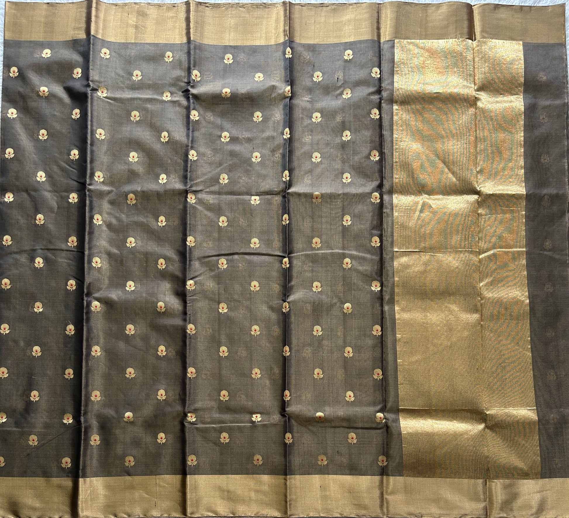 Elephant Gray Chanderi Tissue Saree With Gold Zari Border — Pure Handloom | Silk Mark Certified - Sampradaya Designer Studio