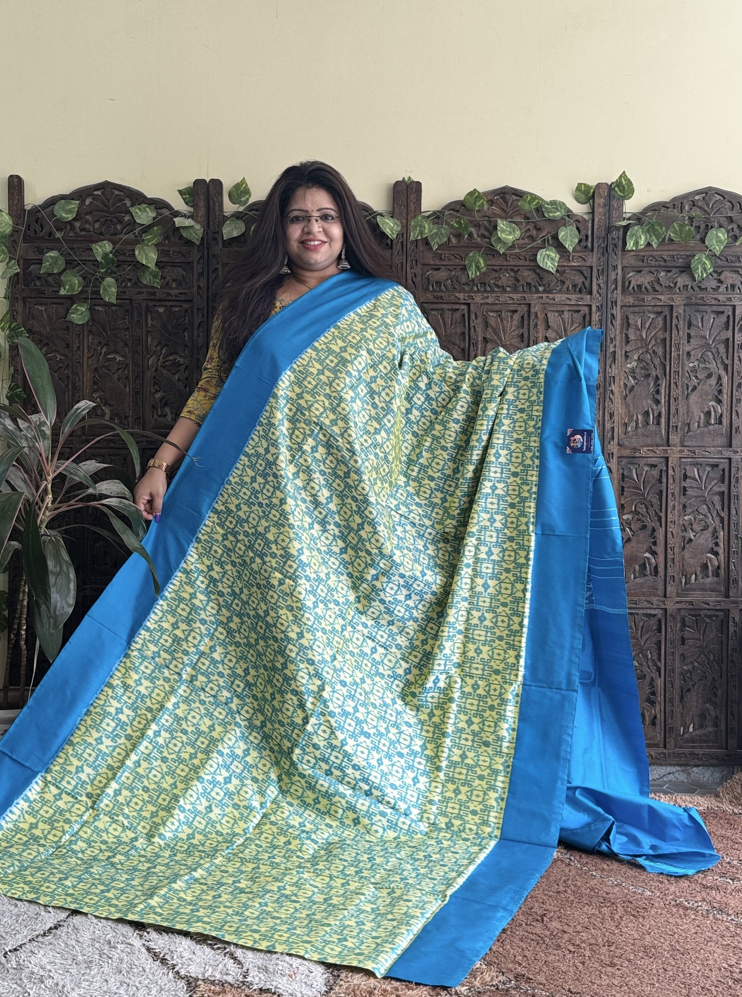 Ikkat Pattu Saree Biscuit colored complemented with a Plain border. - Sampradaya Designer Studio