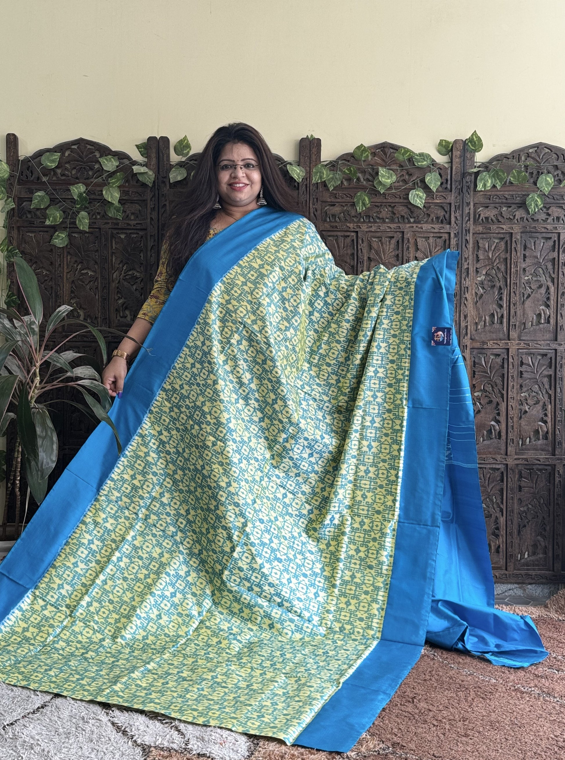 Ikkat Pattu Saree Biscuit colored complemented with a Plain border. - Sampradaya Designer Studio