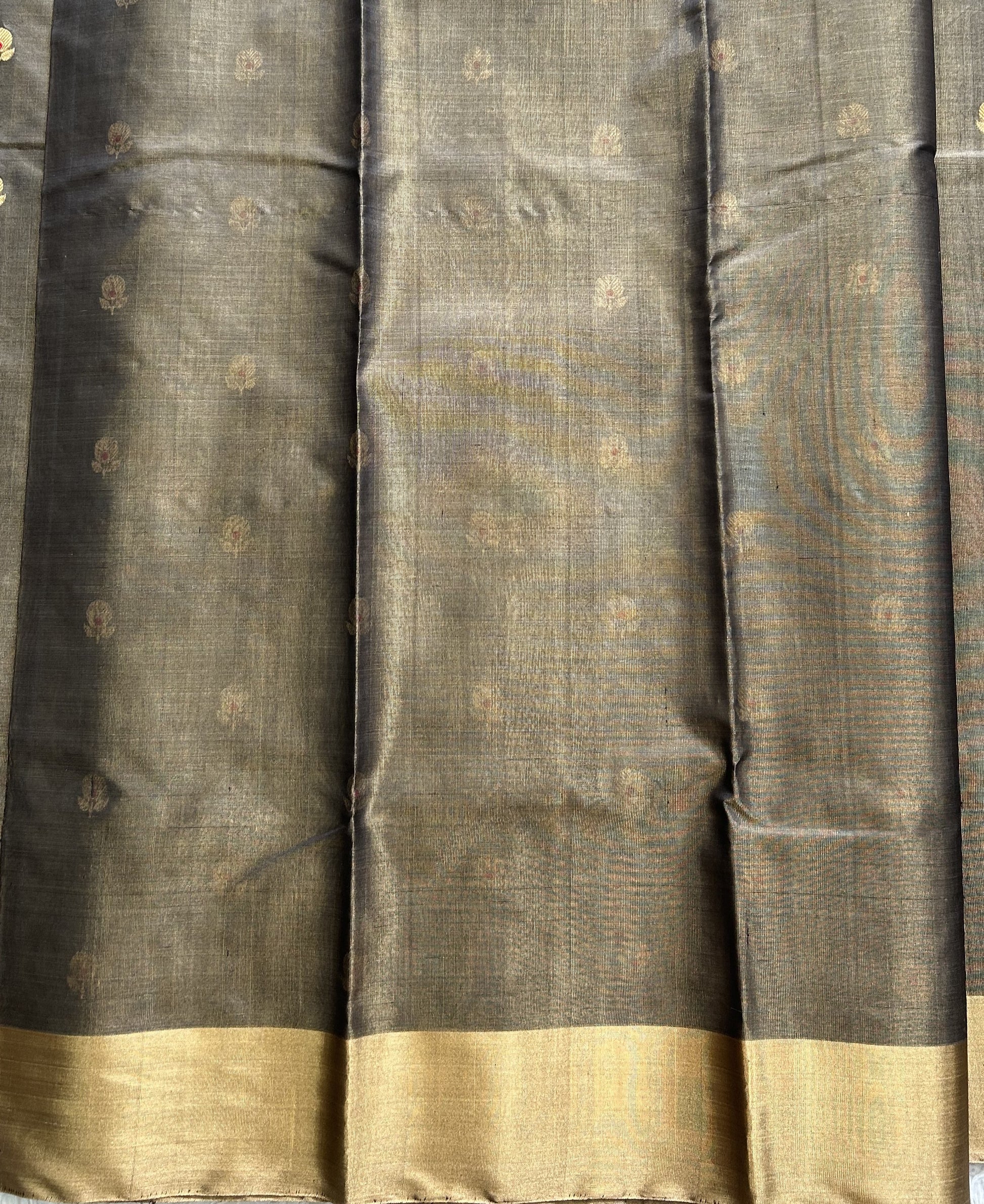 Elephant Gray Chanderi Tissue Saree With Gold Zari Border — Pure Handloom | Silk Mark Certified - Sampradaya Designer Studio
