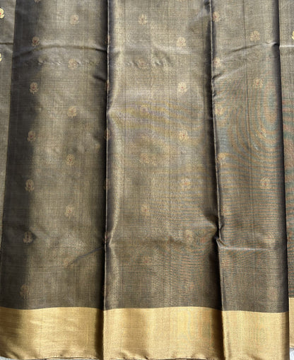 Elephant Gray Chanderi Tissue Saree With Gold Zari Border — Pure Handloom | Silk Mark Certified - Sampradaya Designer Studio