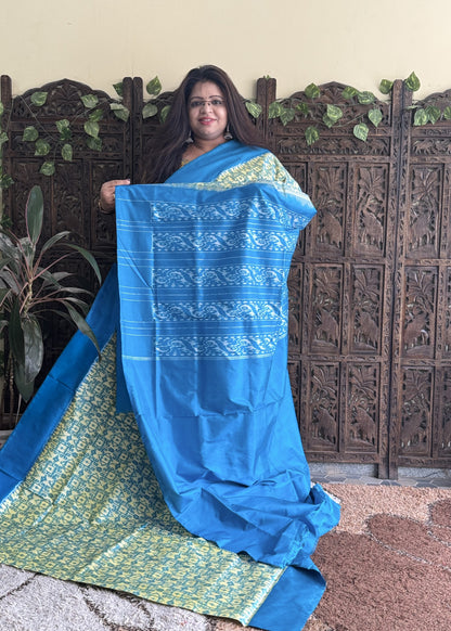 Ikkat Pattu Saree Biscuit colored complemented with a Plain border. - Sampradaya Designer Studio