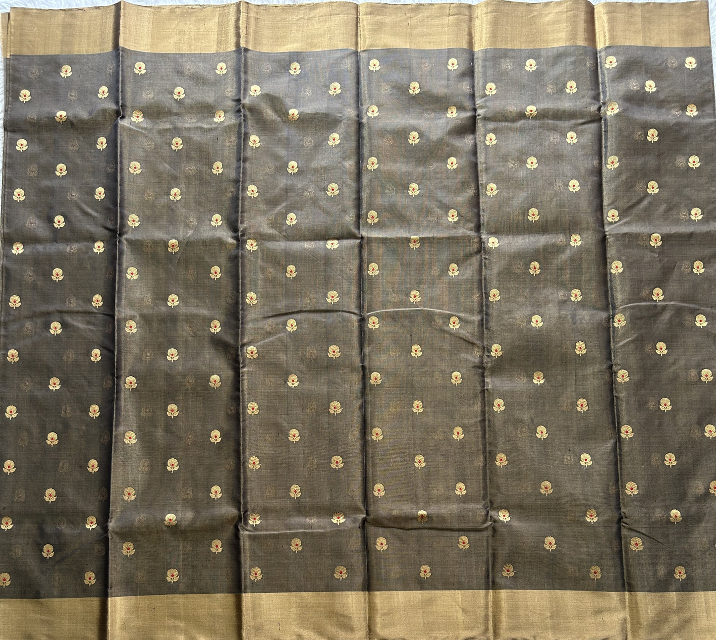 Elephant Gray Chanderi Tissue Saree With Gold Zari Border — Pure Handloom | Silk Mark Certified - Sampradaya Designer Studio