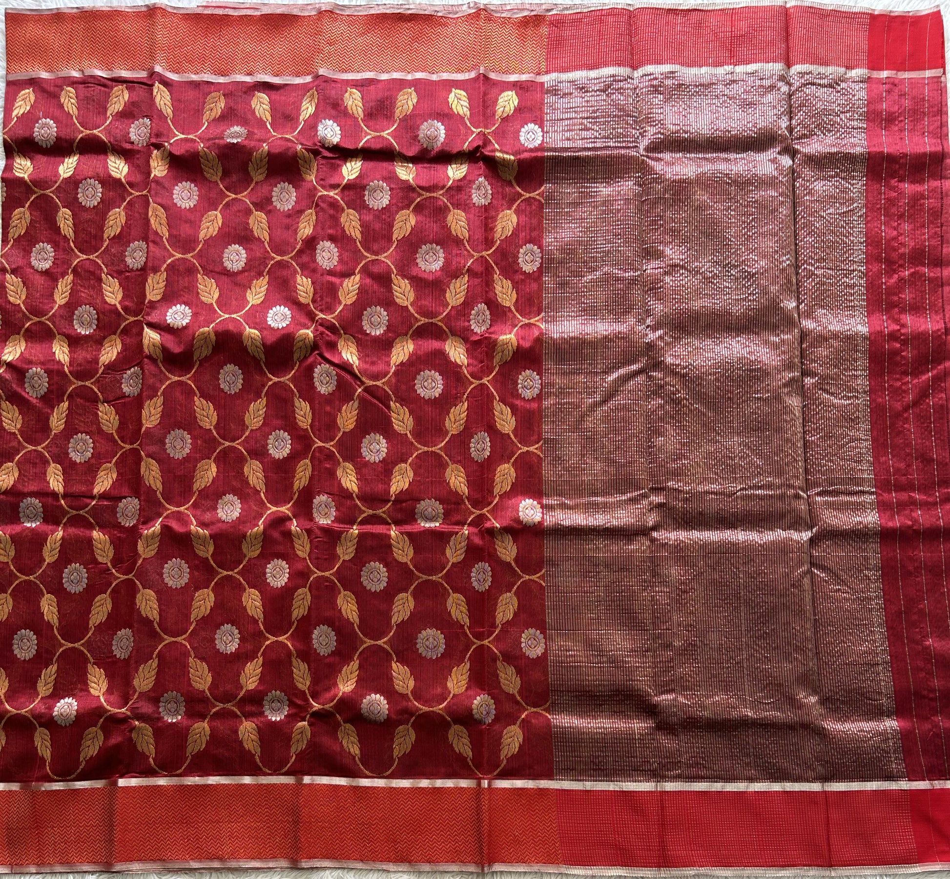 Maroon Chanderi Silk Saree With Gold Zari Border — Pure Handloom | Silk Mark Certified - Sampradaya Designer Studio