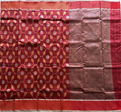 Maroon Chanderi Silk Saree With Gold Zari Border — Pure Handloom | Silk Mark Certified