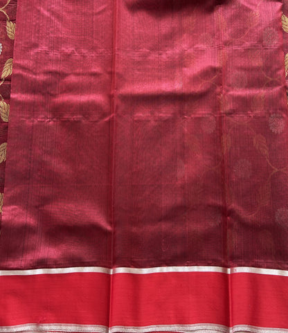 Maroon Chanderi Silk Saree With Gold Zari Border — Pure Handloom | Silk Mark Certified