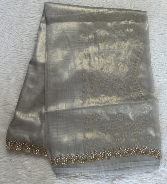 Tissue Organza Designer Saree Gray colored Saree complemented with a Handcrafted border. - Sampradaya Designer Studio