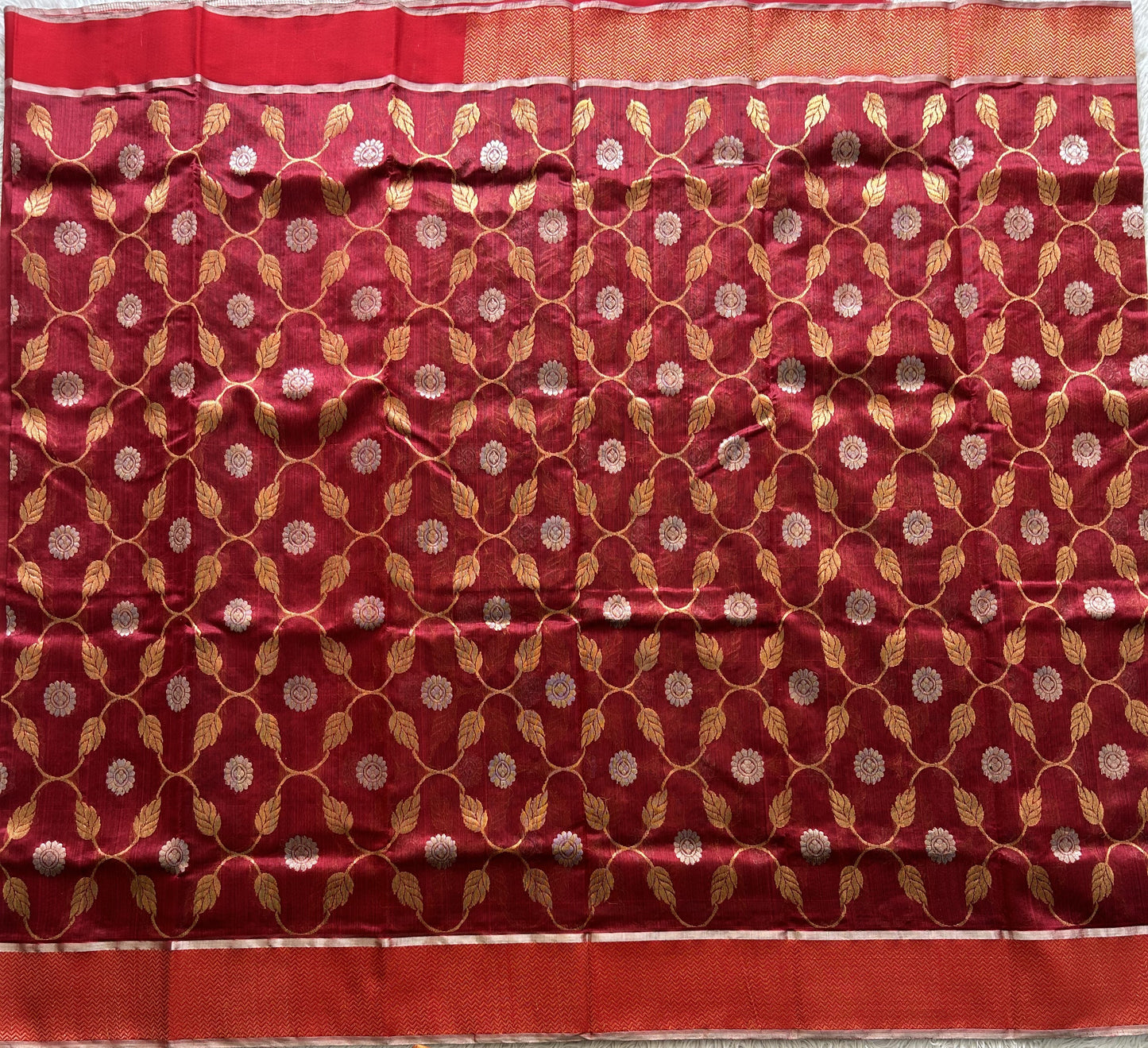 Maroon Chanderi Silk Saree With Gold Zari Border — Pure Handloom | Silk Mark Certified