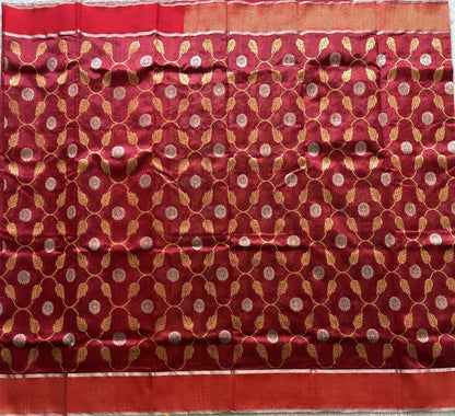 Maroon Chanderi Silk Saree With Gold Zari Border — Pure Handloom | Silk Mark Certified