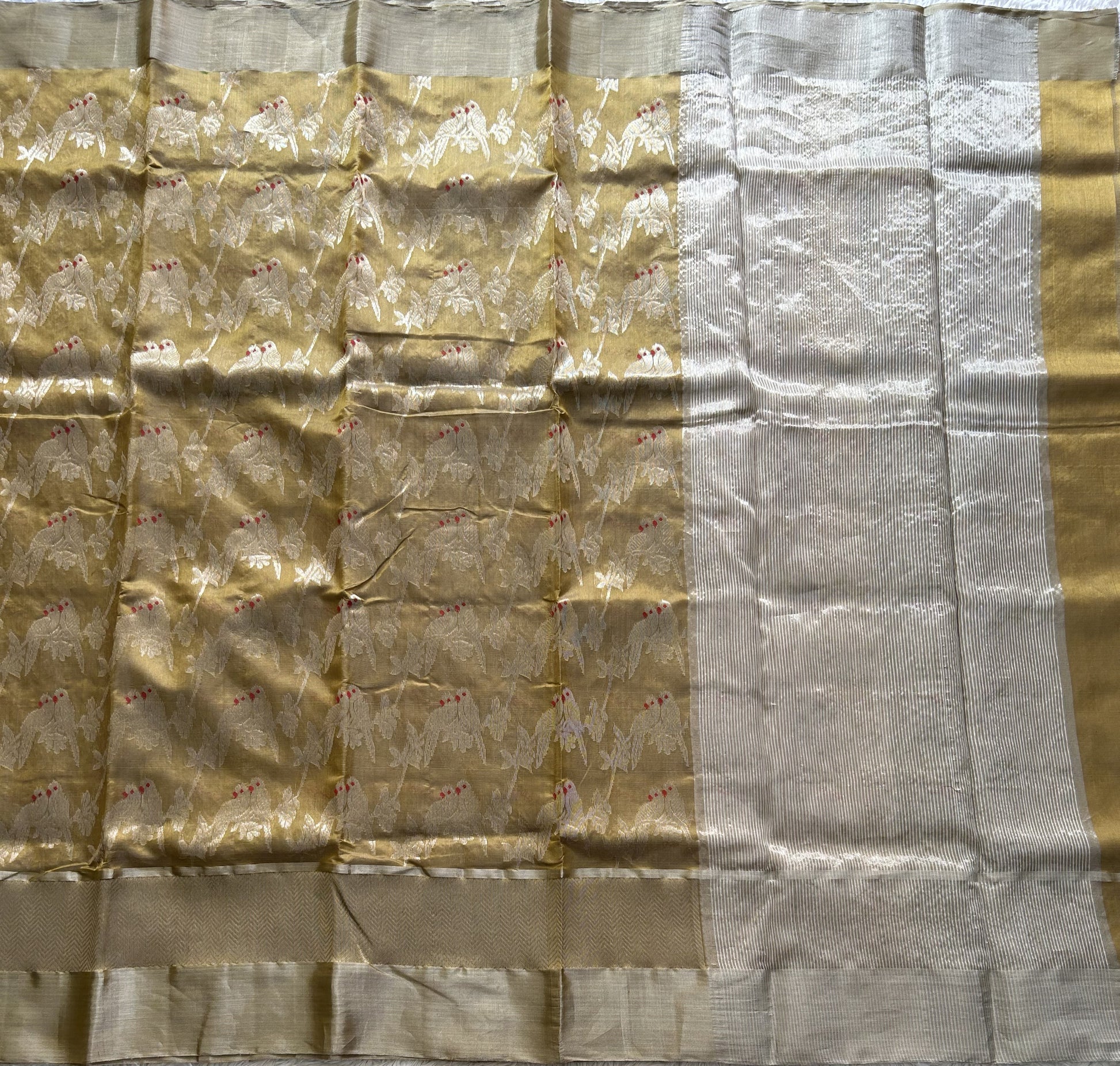 Mehndi Green Chanderi Silk Saree With Tissue And Silver Zari Border — Pure Handloom | Silk Mark Certified - Sampradaya Designer Studio