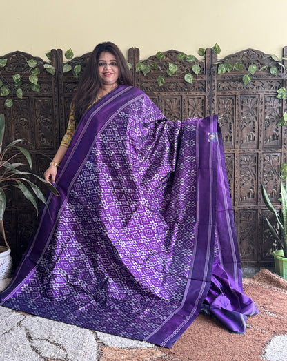 Ikkat Pattu Saree Violet colored complemented with a Patola border. - Sampradaya Designer Studio