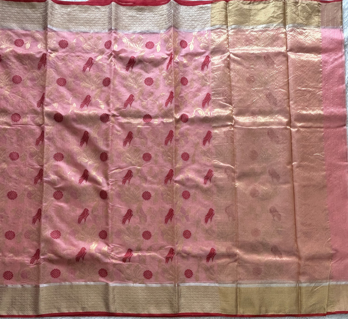 Peach Chanderi Silk Saree With Gold Zari Border — Pure Handloom | Silk Mark Certified