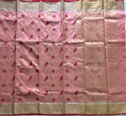 Peach Chanderi Silk Saree With Gold Zari Border — Pure Handloom | Silk Mark Certified