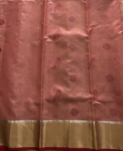 Peach Chanderi Silk Saree With Gold Zari Border — Pure Handloom | Silk Mark Certified