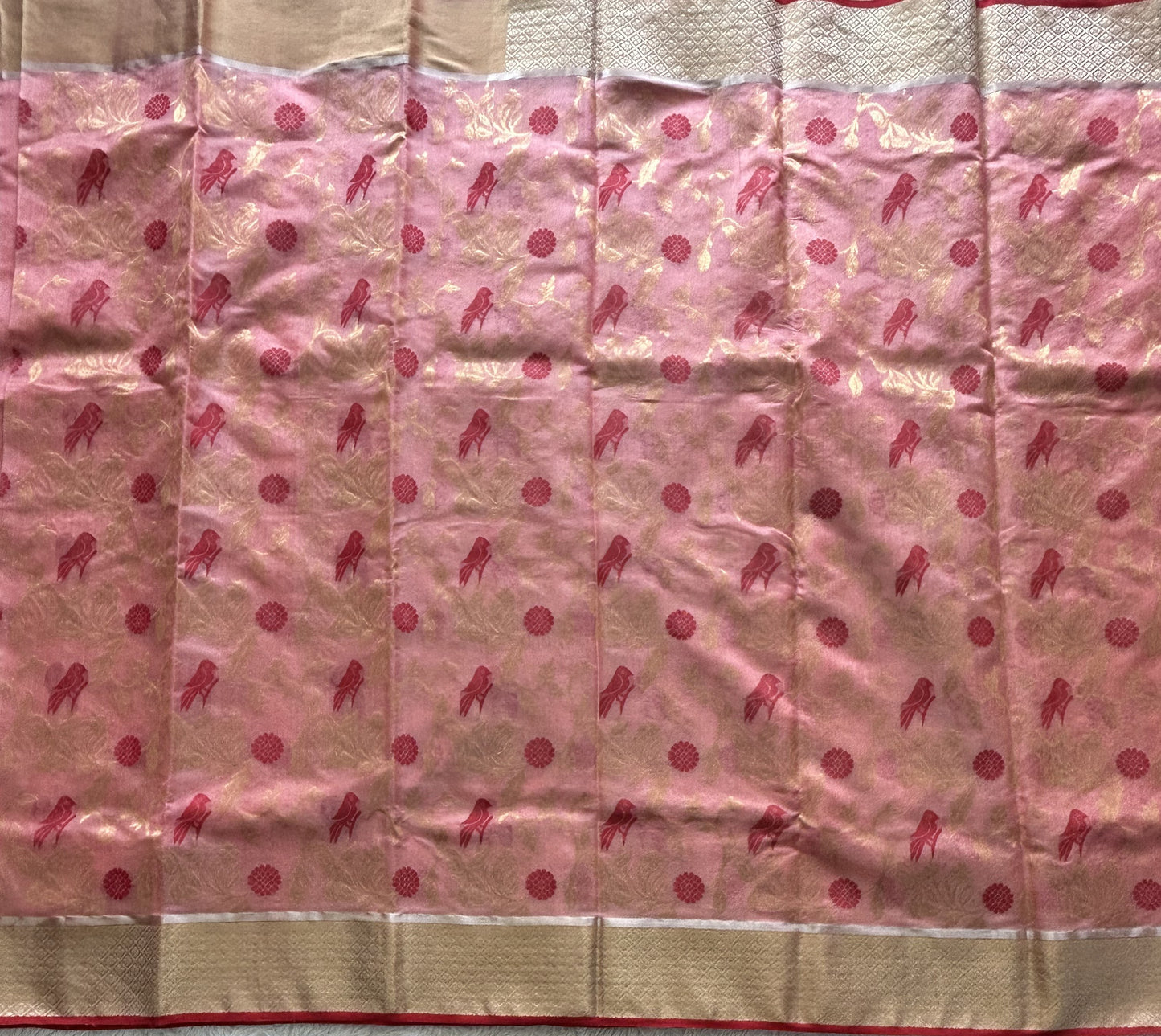 Peach Chanderi Silk Saree With Gold Zari Border — Pure Handloom | Silk Mark Certified