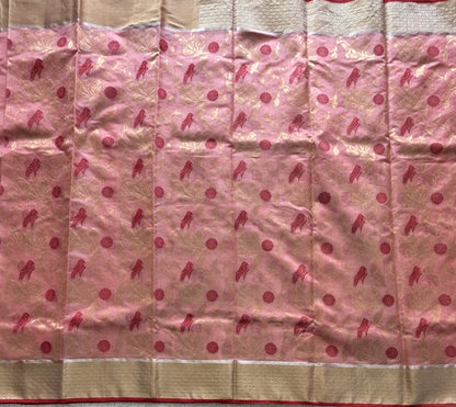 Peach Chanderi Silk Saree With Gold Zari Border — Pure Handloom | Silk Mark Certified