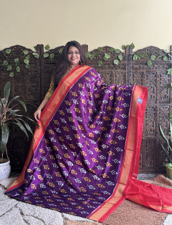Ikkat Pattu Saree Dark Purple colored complemented with a Zari border. - Sampradaya Designer Studio
