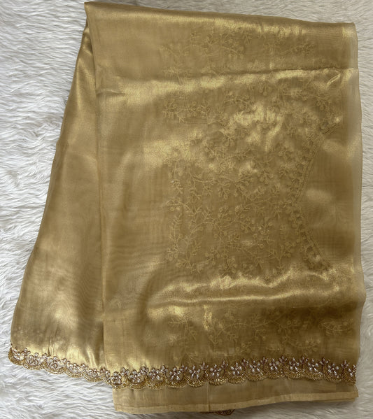 Tissue Organza Designer Saree Gold colored Saree complemented with a Handcrafted border. - Sampradaya Designer Studio