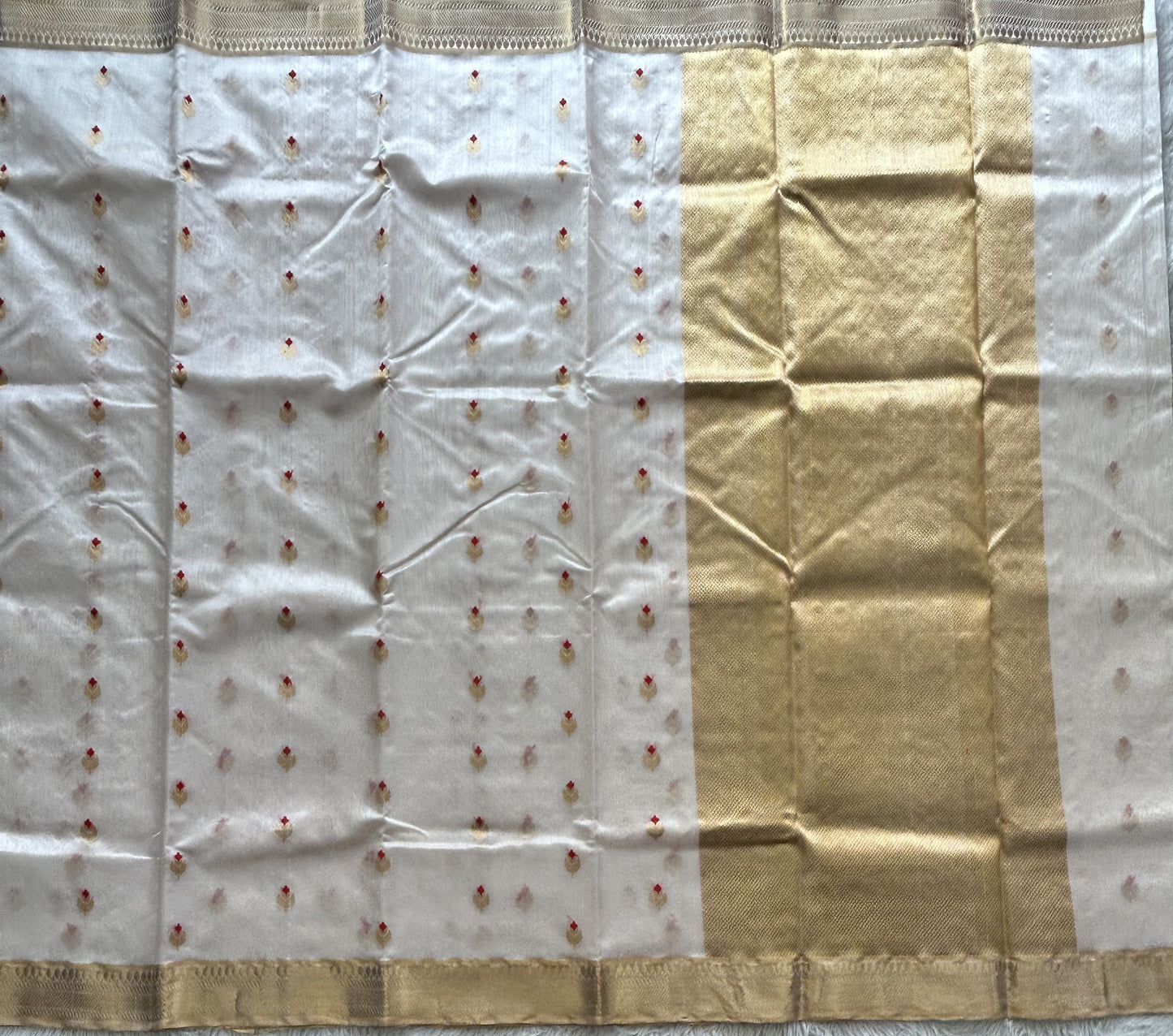White Chanderi Silk Saree With Gold Zari Border — Pure Handloom | Silk Mark Certified - Sampradaya Designer Studio
